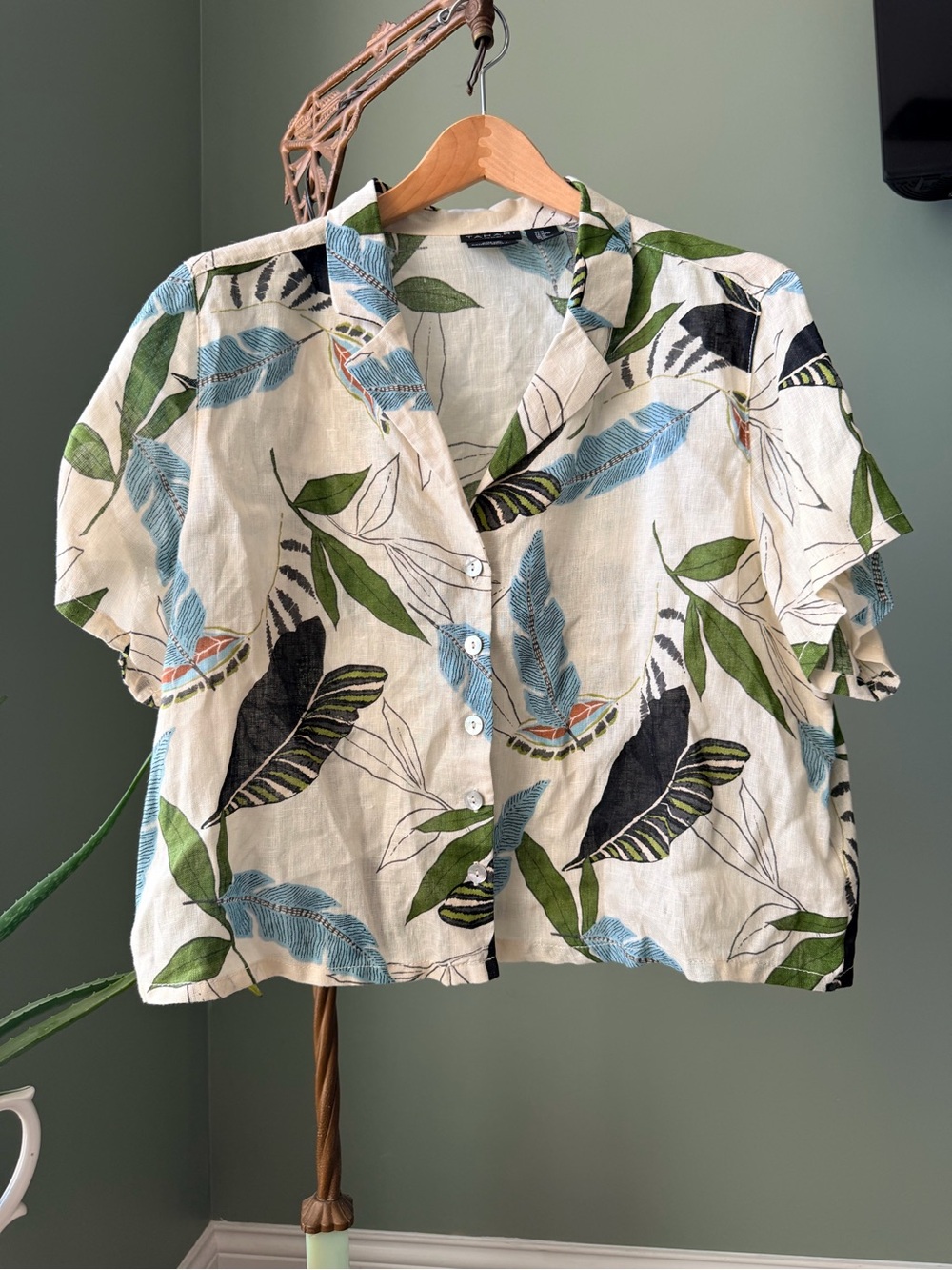Tahari 100% Linen Tropical Botanical Button Front Shirt – XL